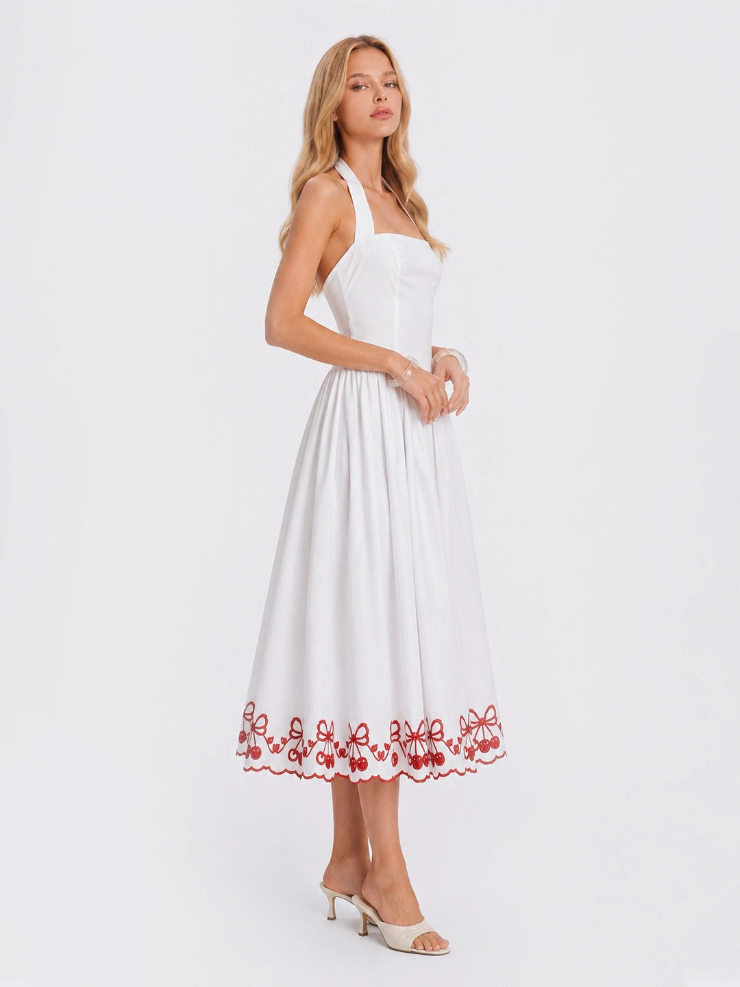 Cherry Embroidered Halter Midi Dress