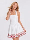 Cherry Embroidered Halter Mini Dress