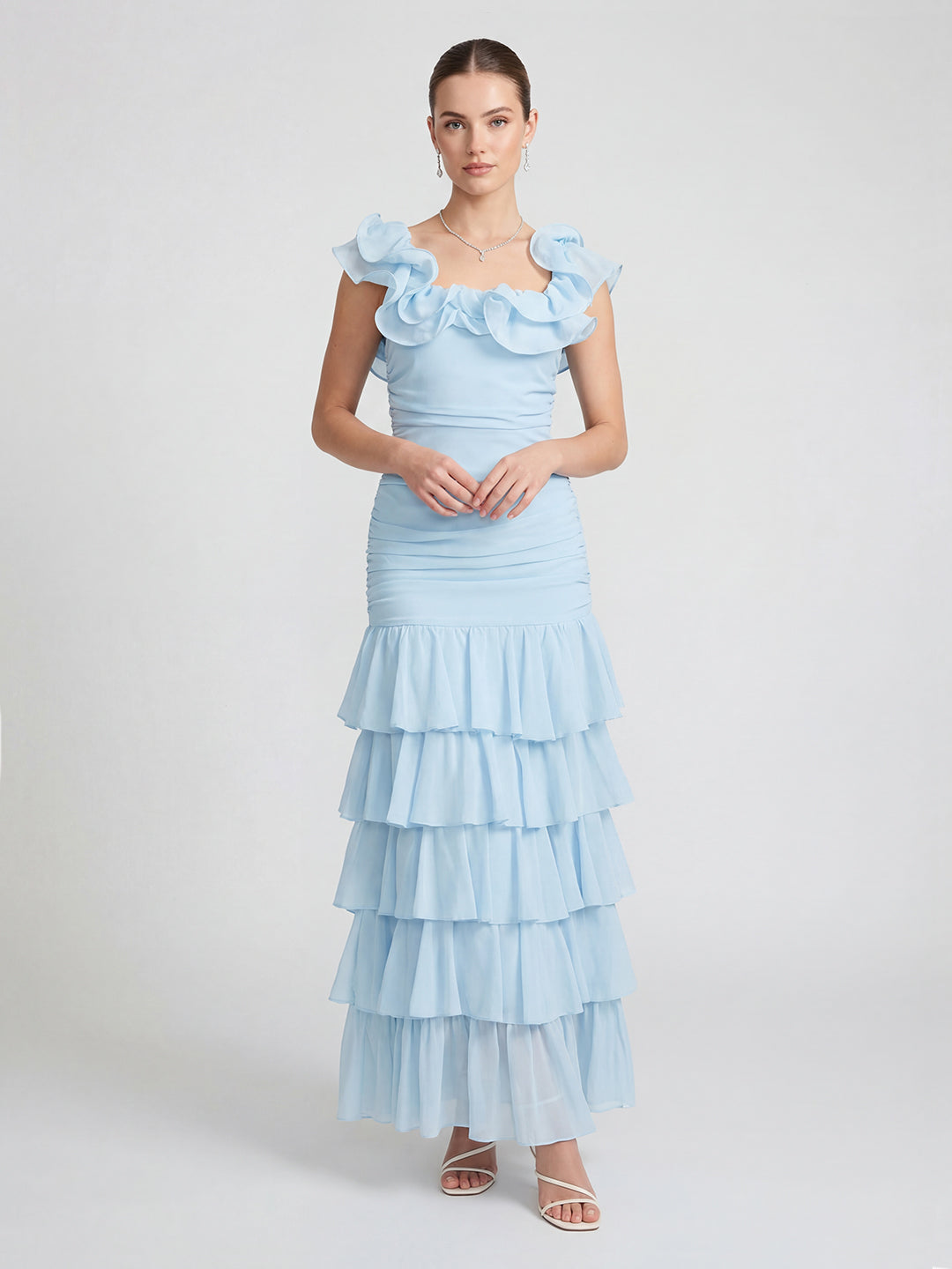 Chiffon pleated ruffle maxi dress