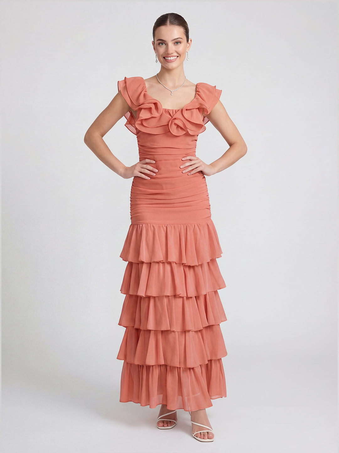 Chiffon pleated ruffle maxi dress