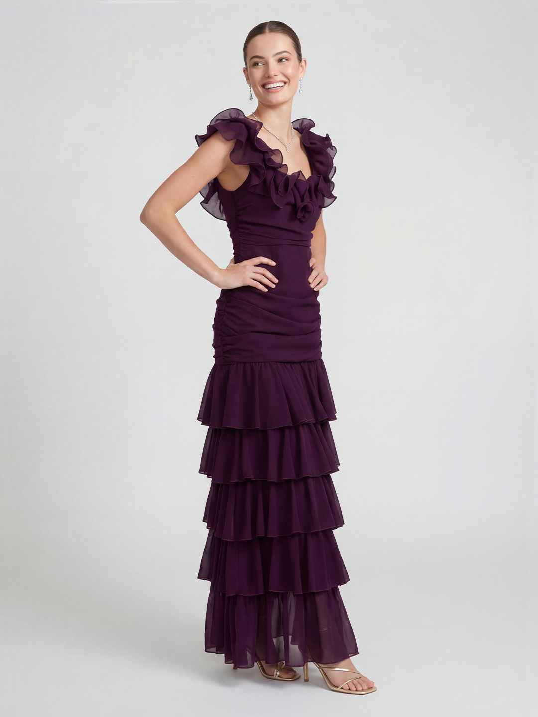 Chiffon pleated ruffle maxi dress