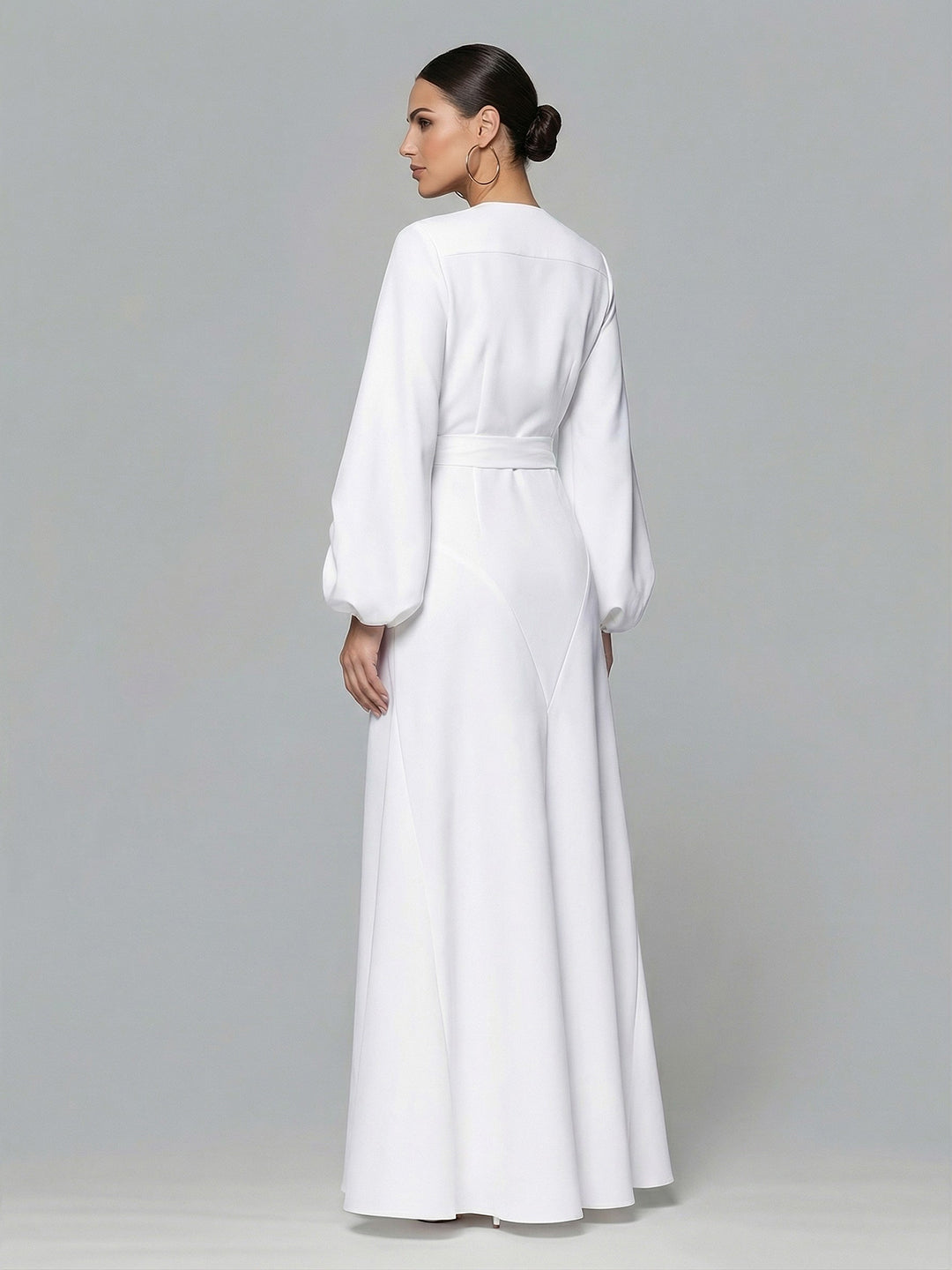 Classy V-Neck Balloon Sleeve Crepe Gown