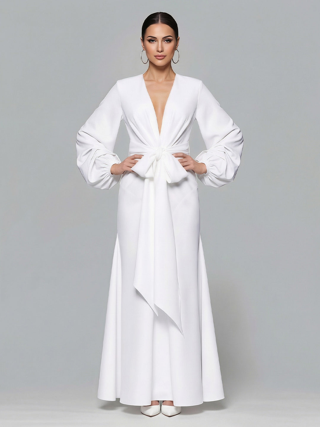 Classy V-Neck Balloon Sleeve Crepe Gown