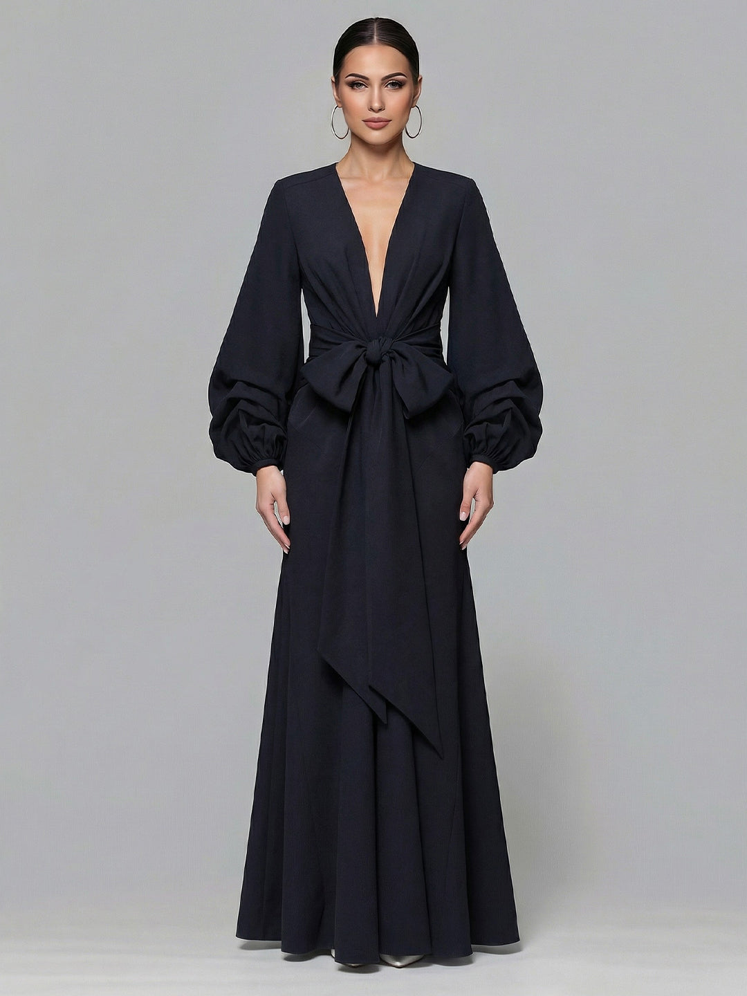 Classy V-Neck Balloon Sleeve Crepe Gown