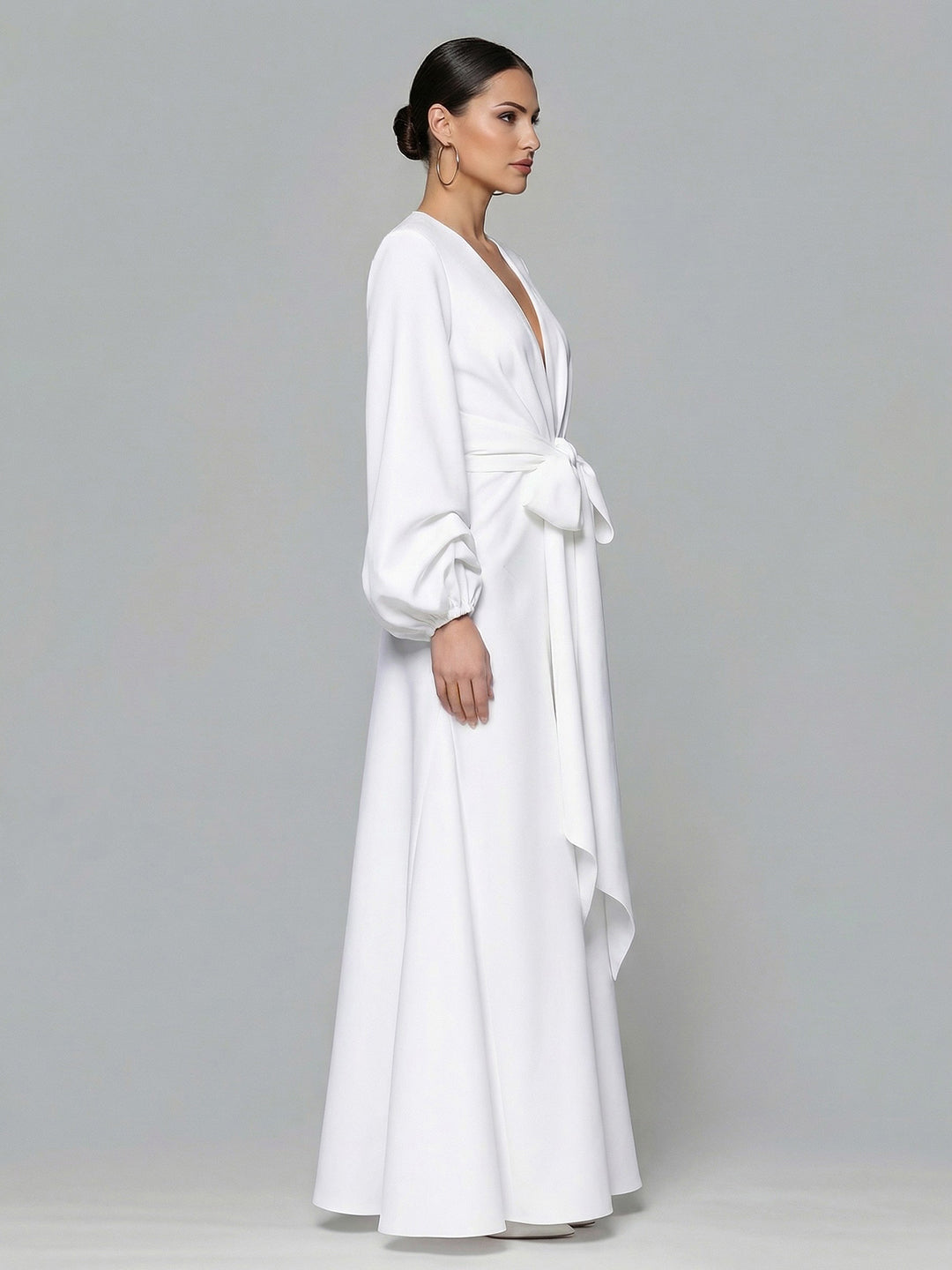 Classy V-Neck Balloon Sleeve Crepe Gown