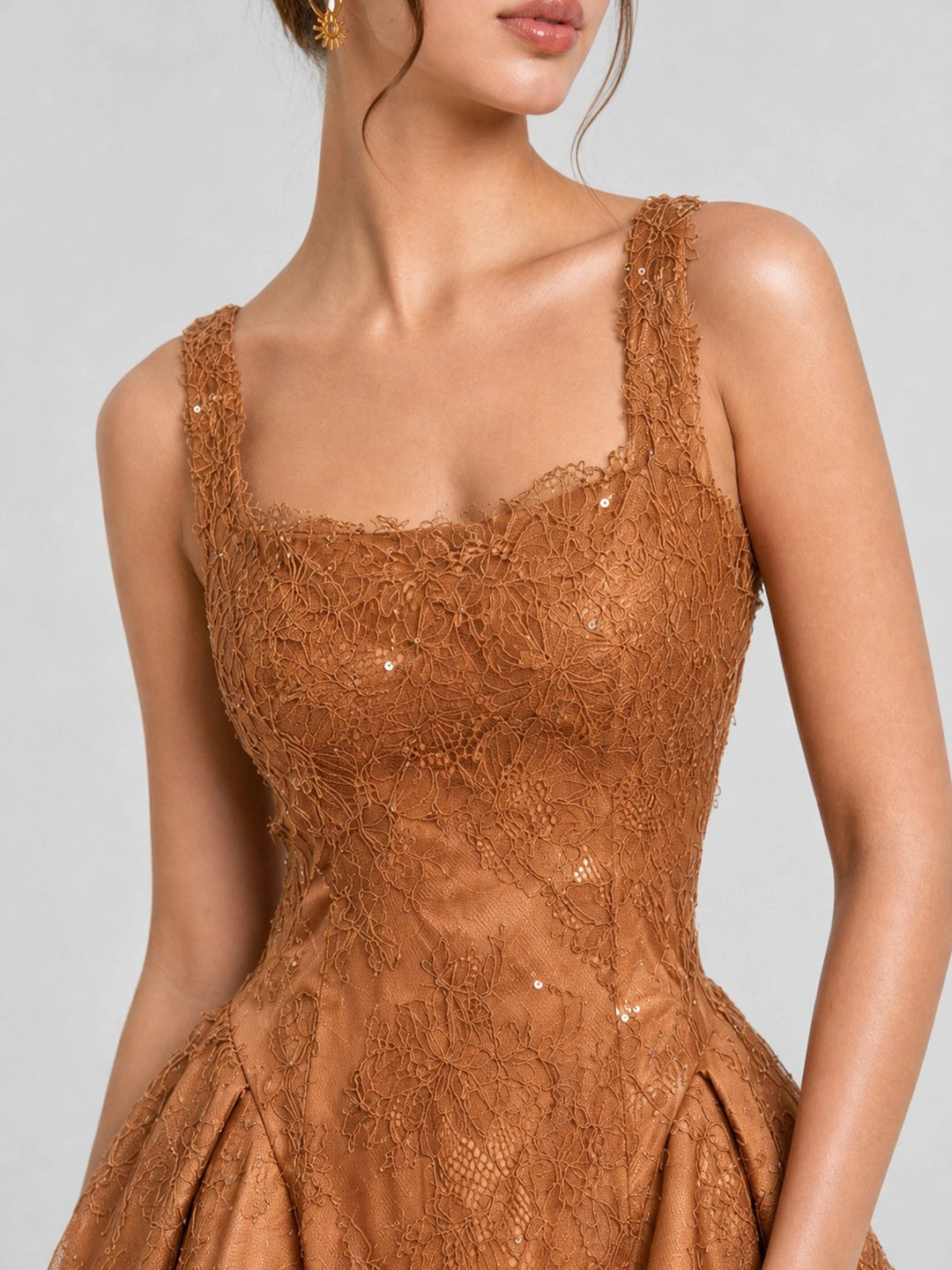 Rust Orange Lace Square Neck Mini Dress