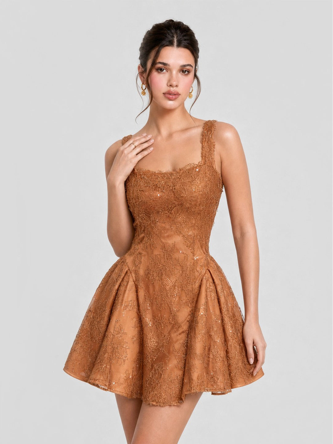 Rust Orange Lace Square Neck Mini Dress