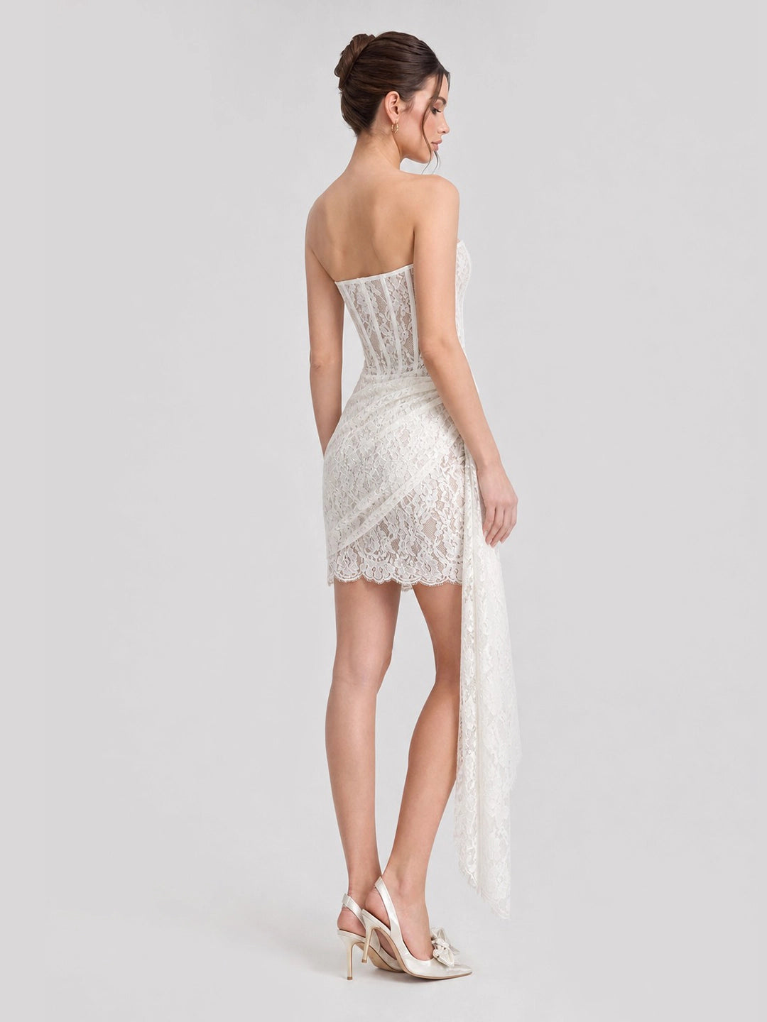 Corset Bodice Lace Mini Dress with Draped Skirt
