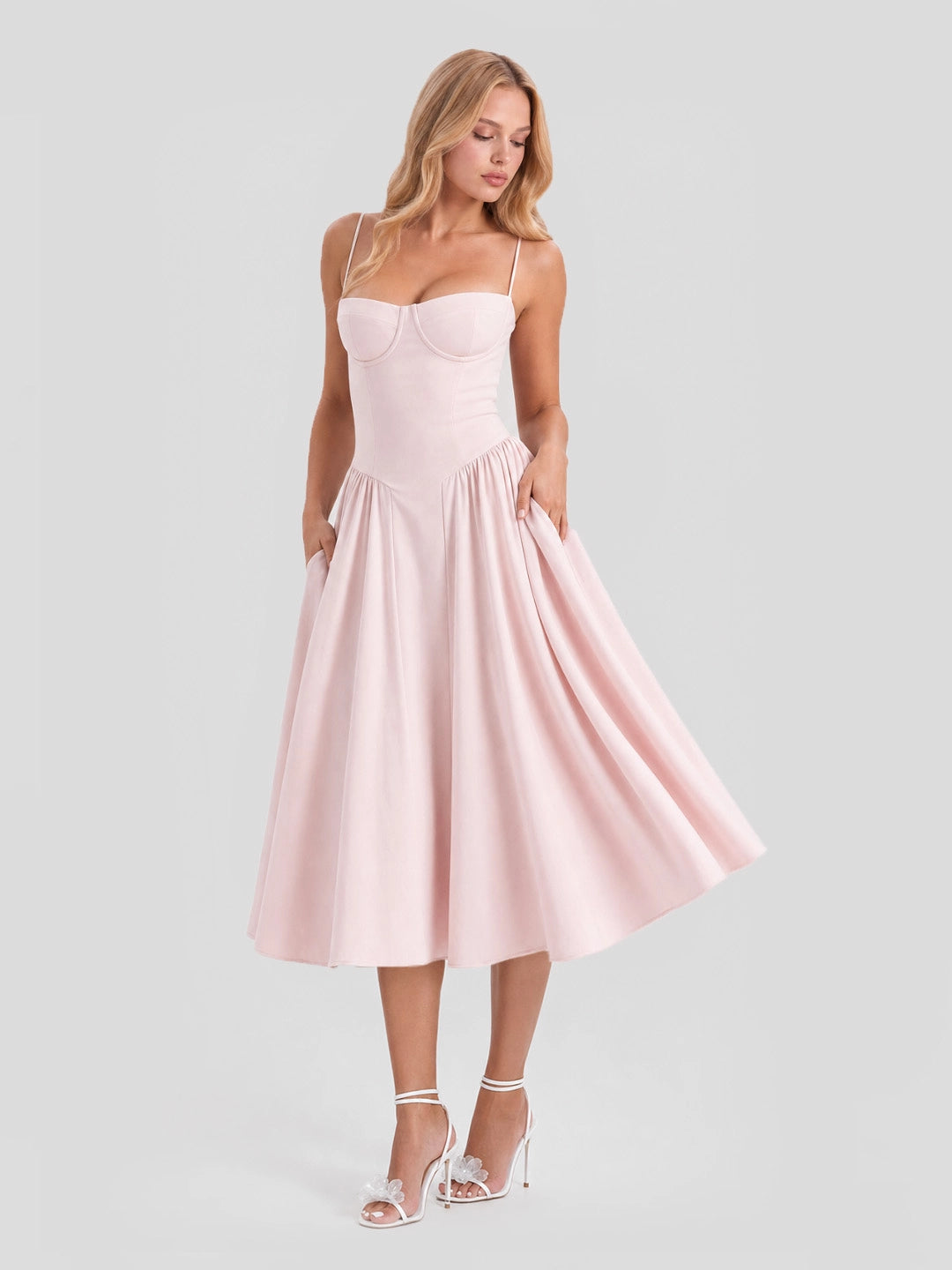 Bustier Tea-Length Midi Dress with Pockets