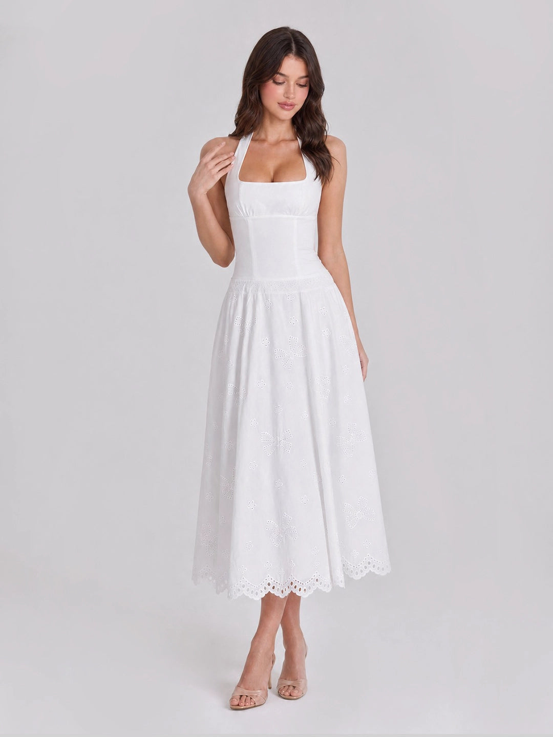 Cottagecore Halterneck Eyelet Cotton Midi Dress