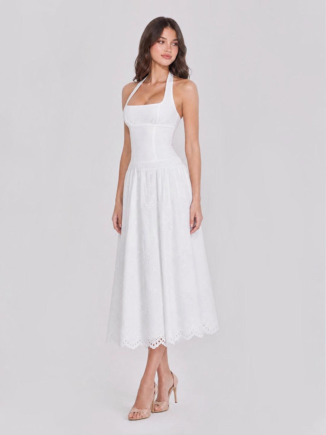 Cottagecore Halterneck Eyelet Cotton Midi Dress