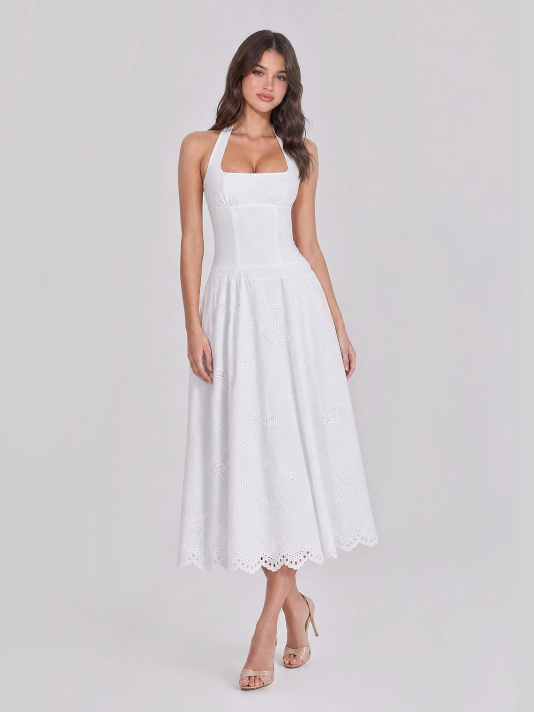 Cottagecore Halterneck Eyelet Cotton Midi Dress