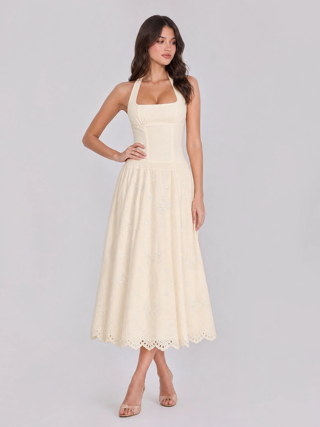 Cottagecore Halterneck Eyelet Cotton Midi Dress
