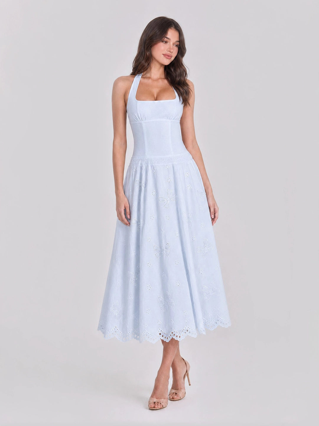 Cottagecore Halterneck Eyelet Cotton Midi Dress