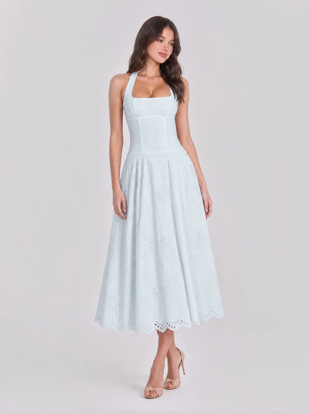 Cottagecore Halterneck Eyelet Cotton Midi Dress
