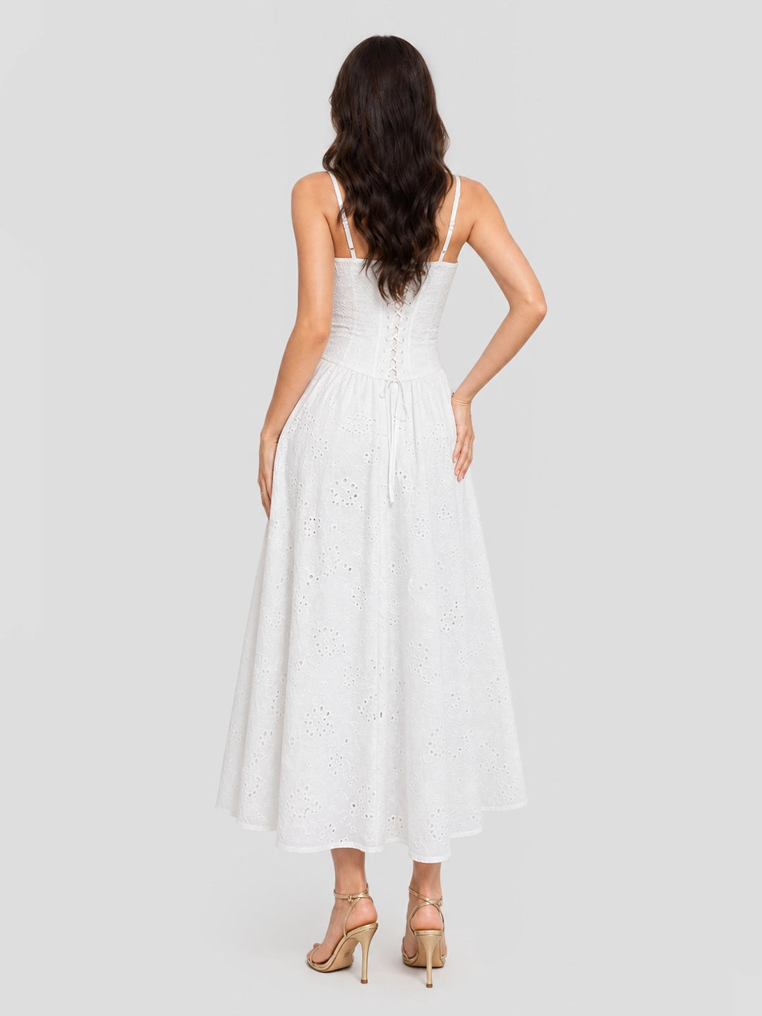 Cotton Eyelet Midi Dress with Lace Trim