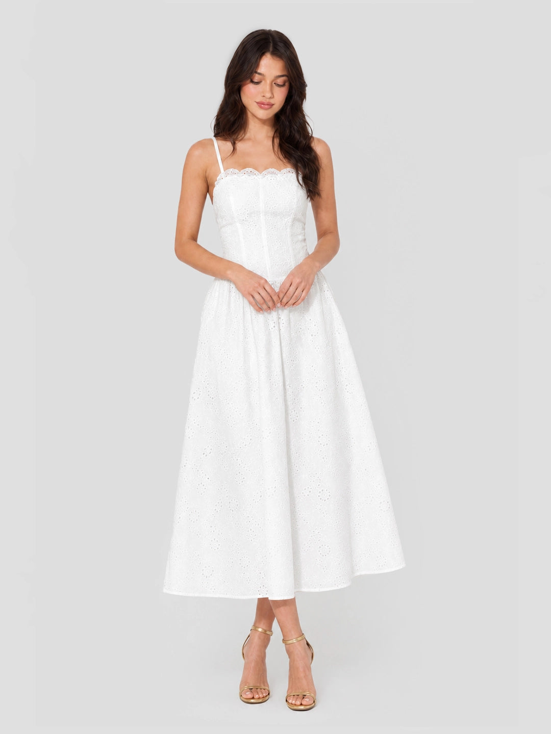 Cotton Eyelet Midi Dress with Lace Trim