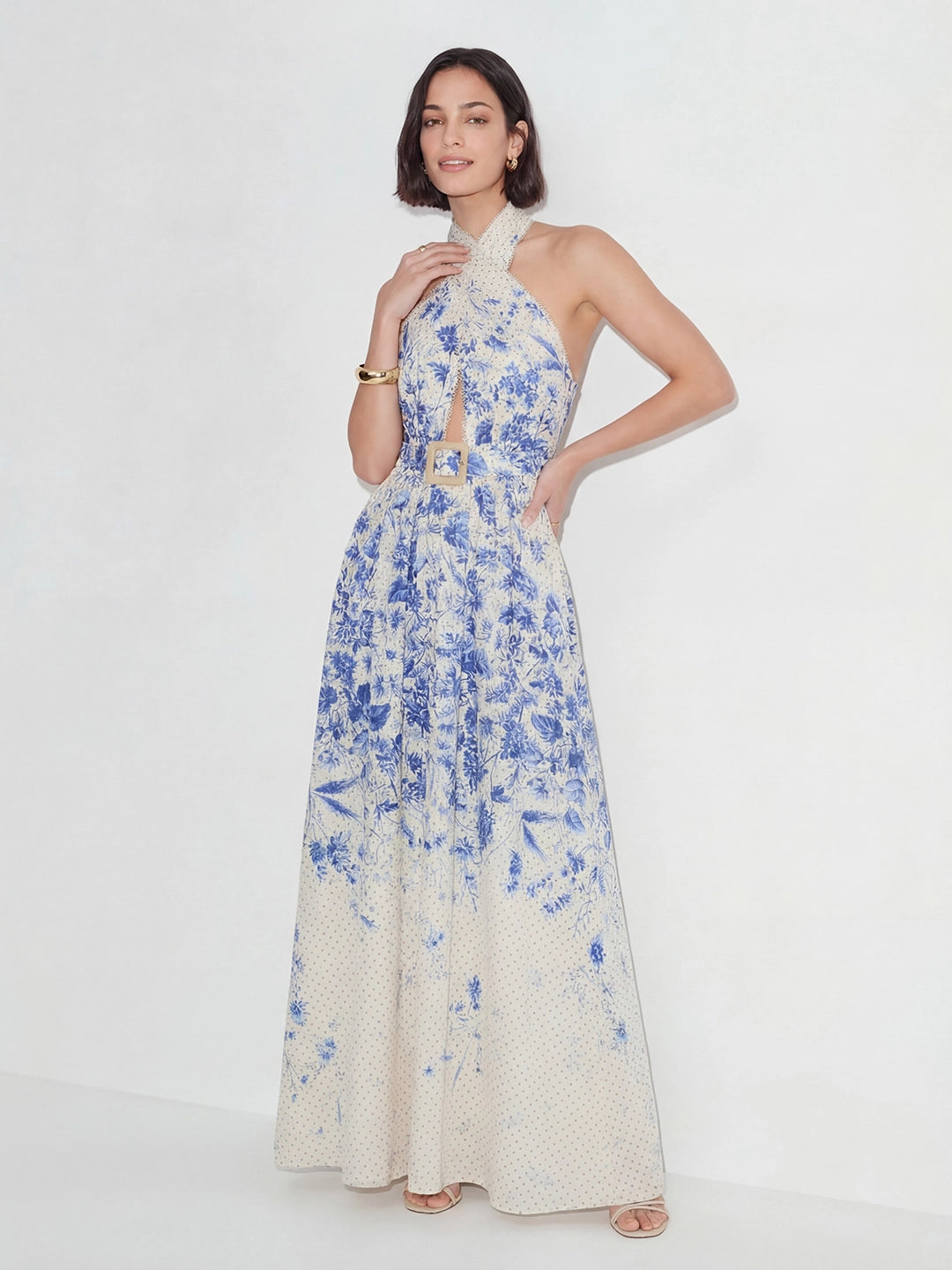 Cotton Floral-Print Belted Maxi Dress
