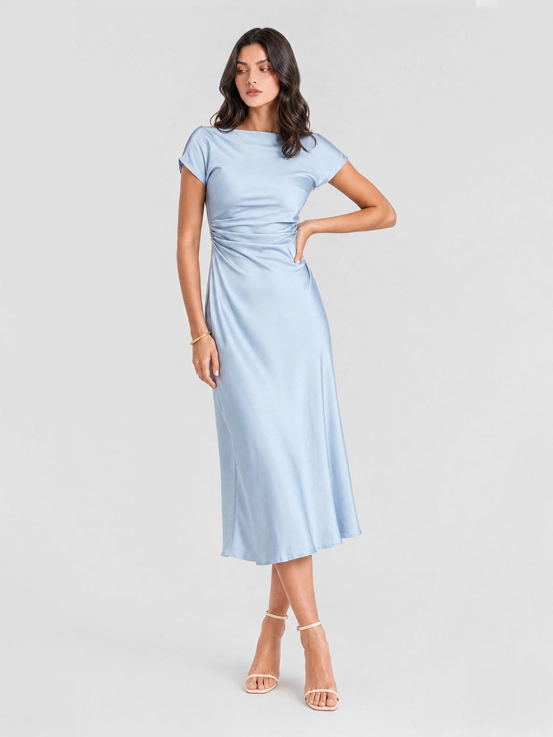 Cowl Back Satin Ruched Midi Dress