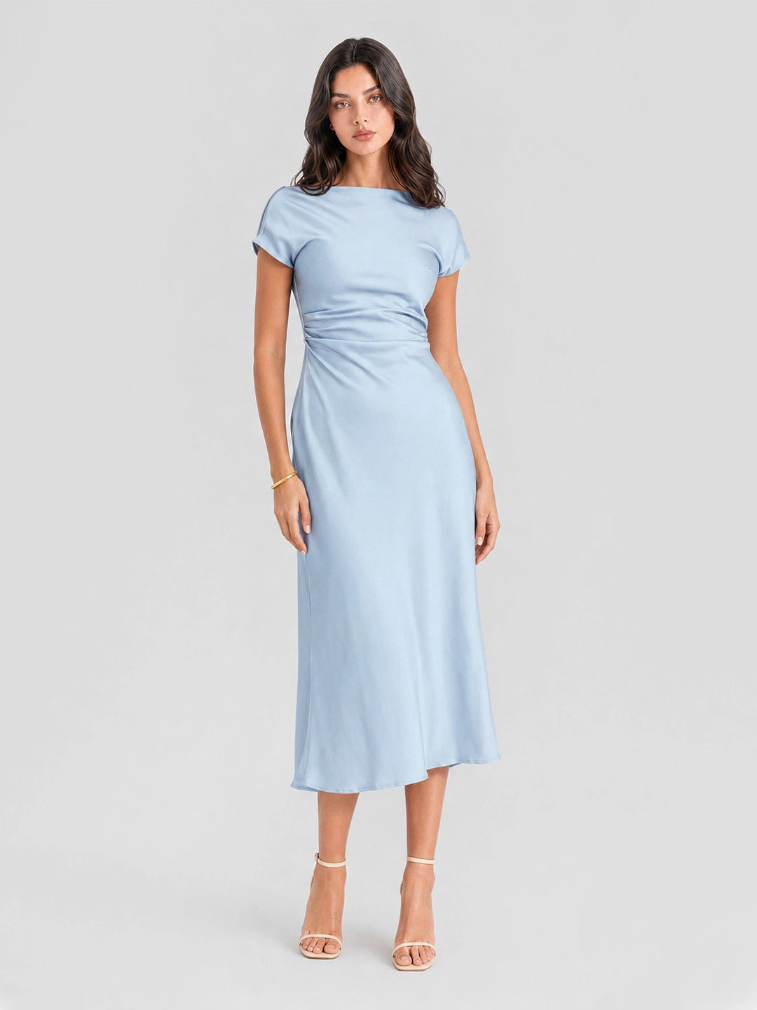 Cowl Back Satin Ruched Midi Dress