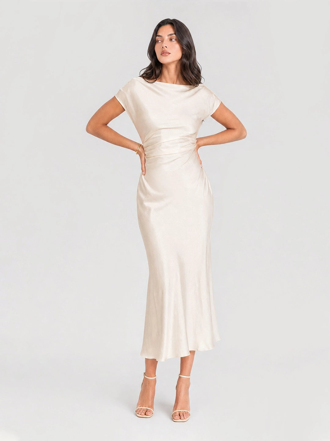 Cowl Back Satin Ruched Midi Dress