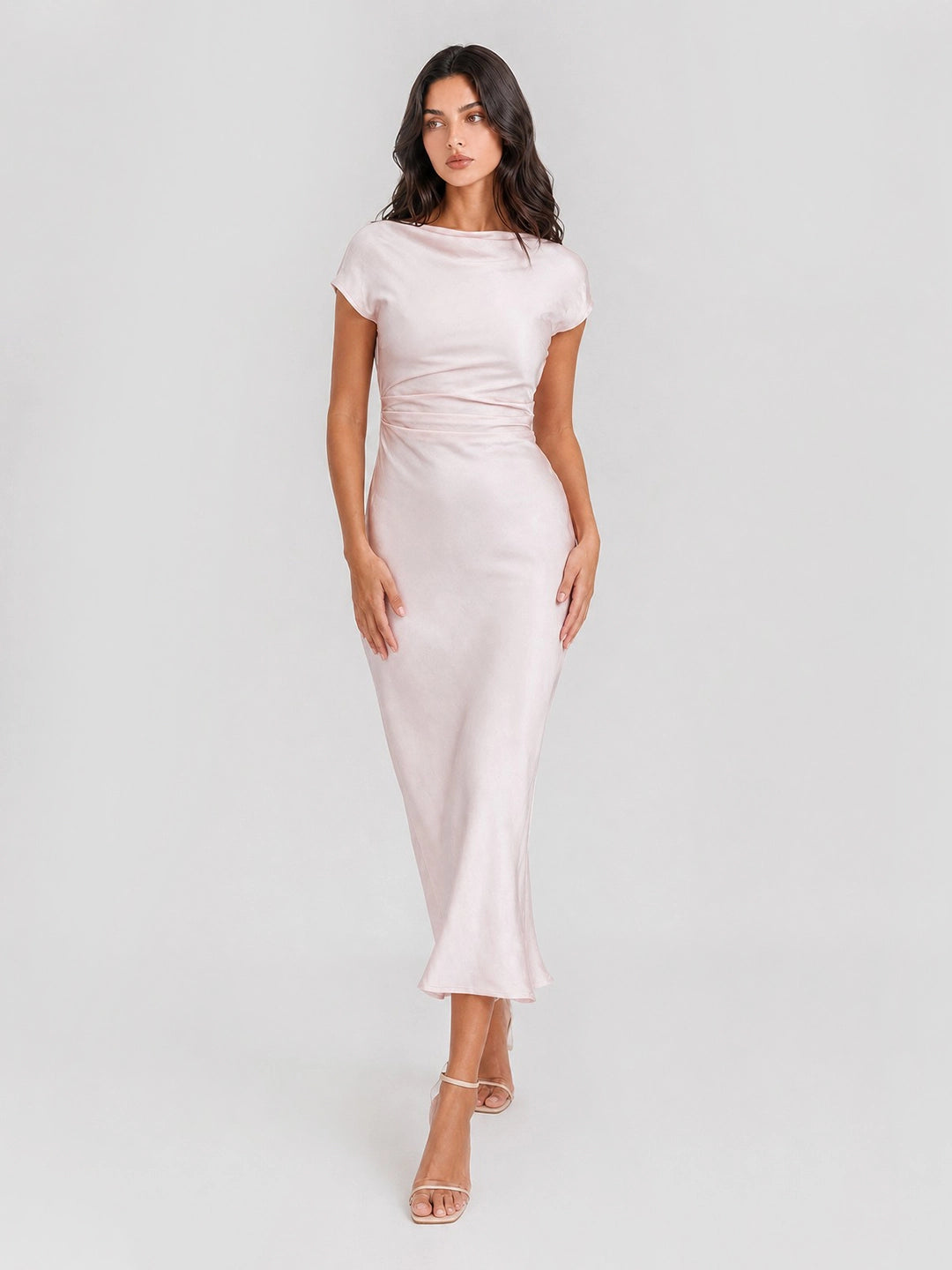 Cowl Back Satin Ruched Midi Dress