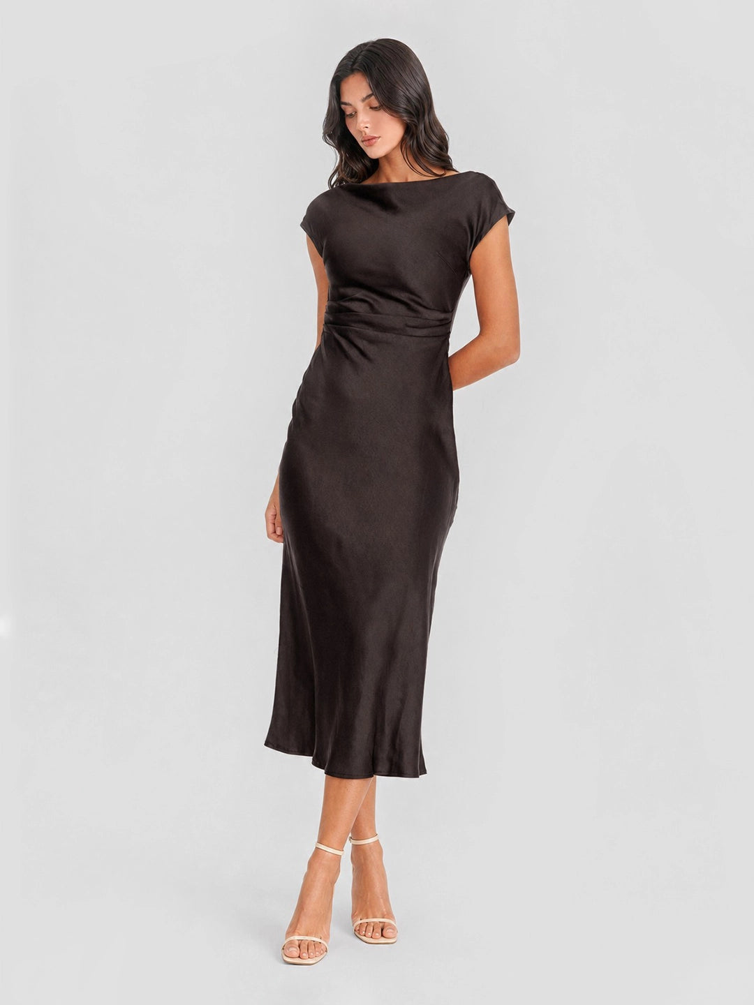 Cowl Back Satin Ruched Midi Dress