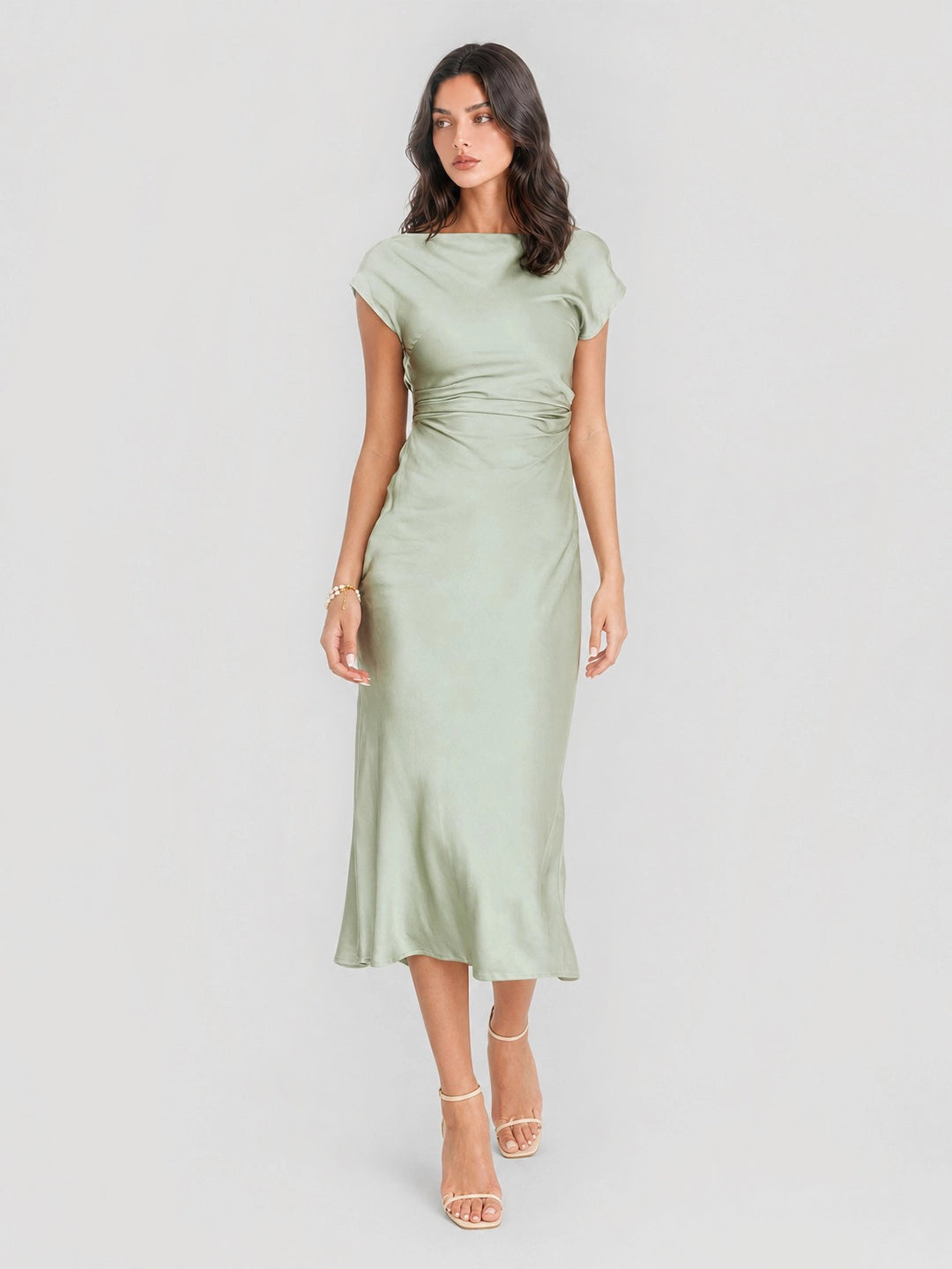Cowl Back Satin Ruched Midi Dress