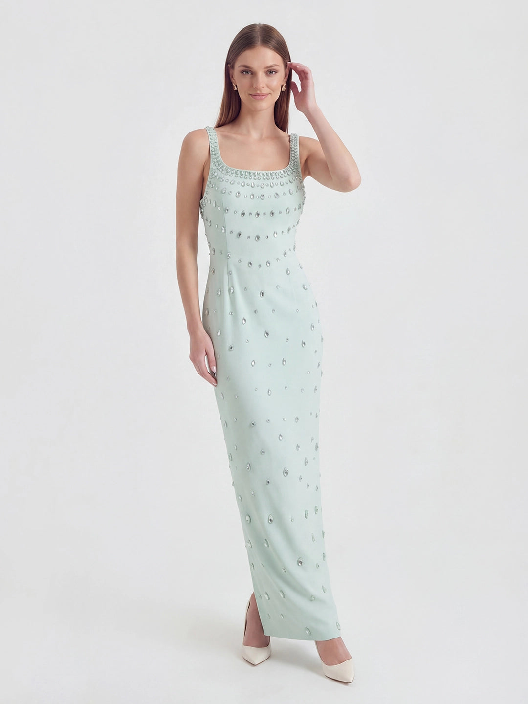 Crystal-Ombré Scoop-Neck Column Gown
