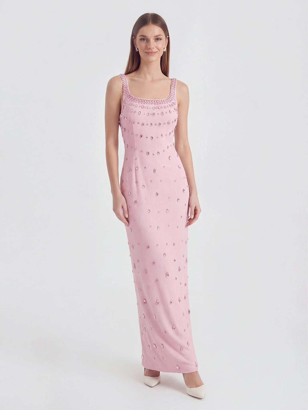 Crystal-Ombré Scoop-Neck Column Gown