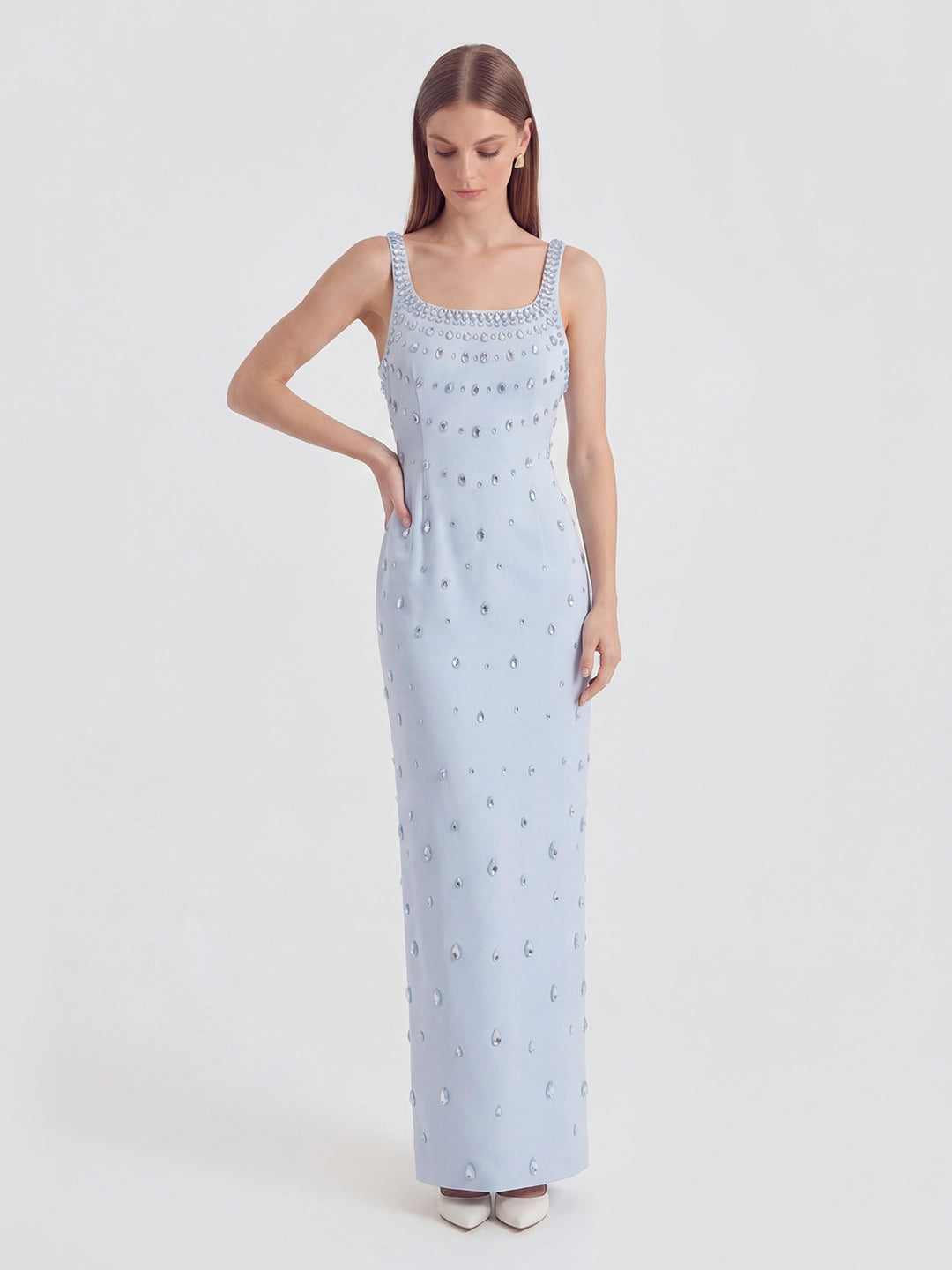 Crystal-Ombré Scoop-Neck Column Gown