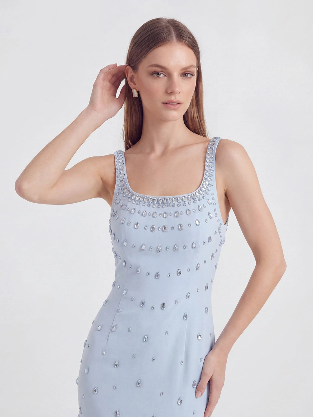 Crystal-Ombré Scoop-Neck Column Gown