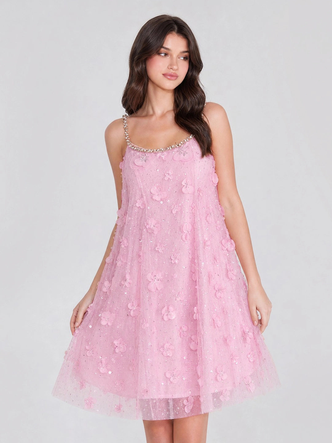 Crystal Strap 3D Floral Tulle Mini Dress