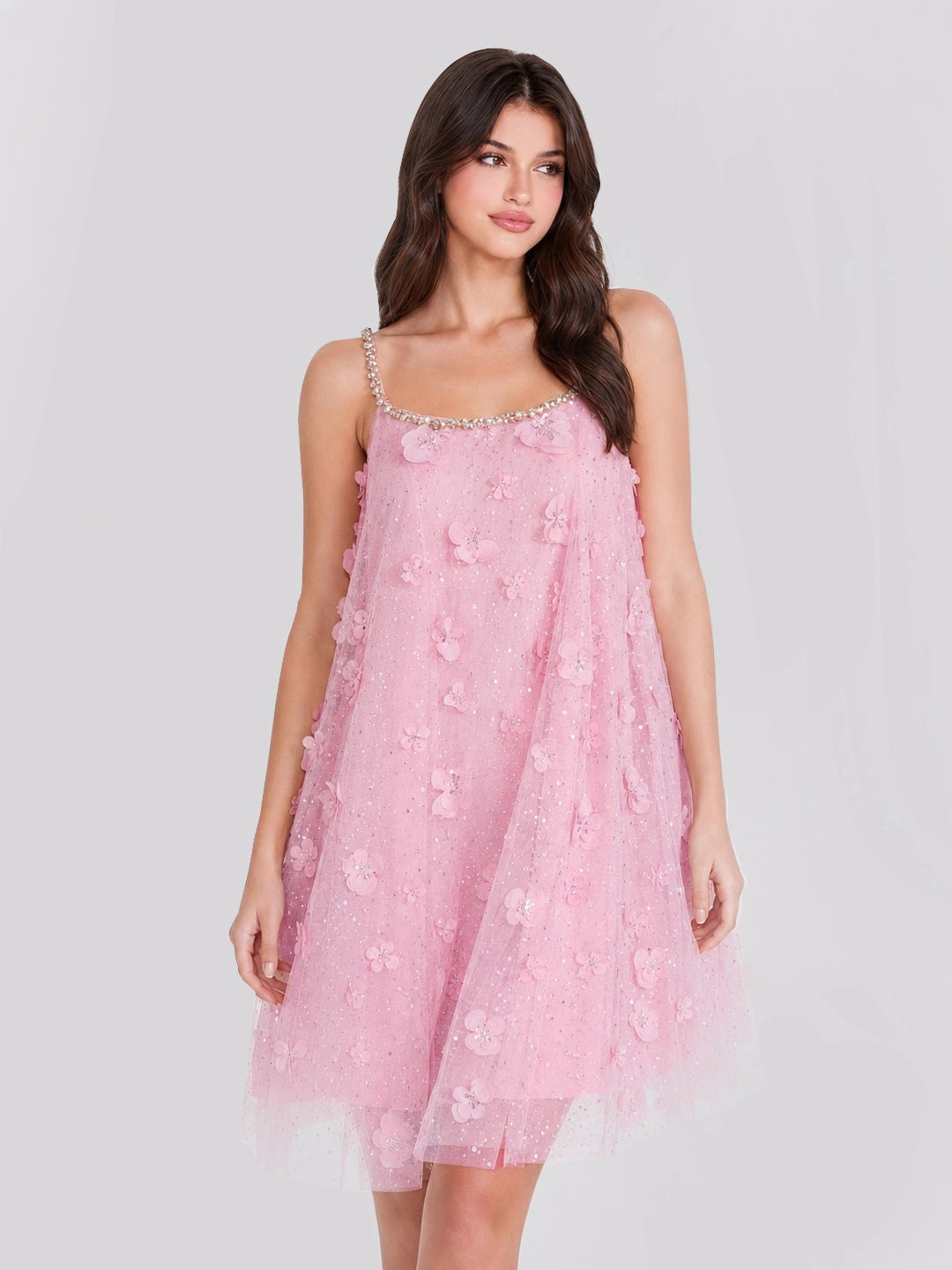 Crystal Strap 3D Floral Tulle Mini Dress