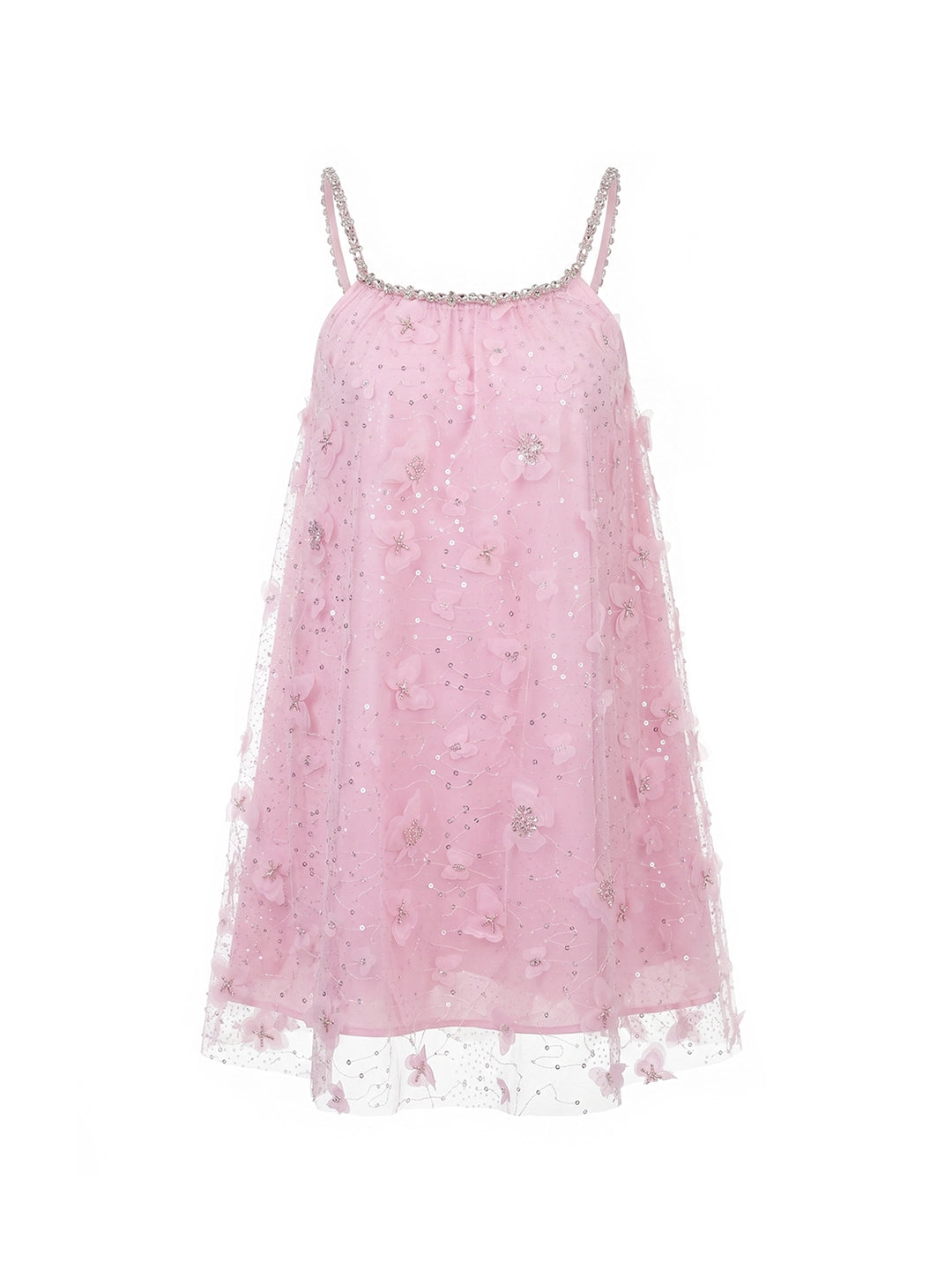Crystal Strap 3D Floral Tulle Mini Dress
