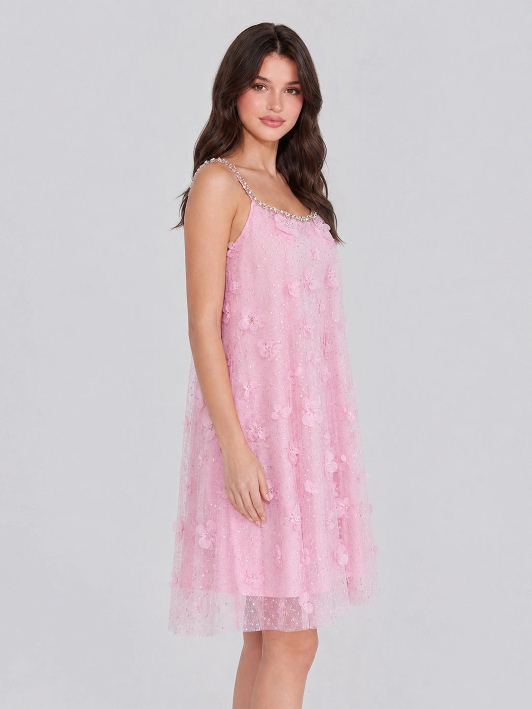 Crystal Strap 3D Floral Tulle Mini Dress