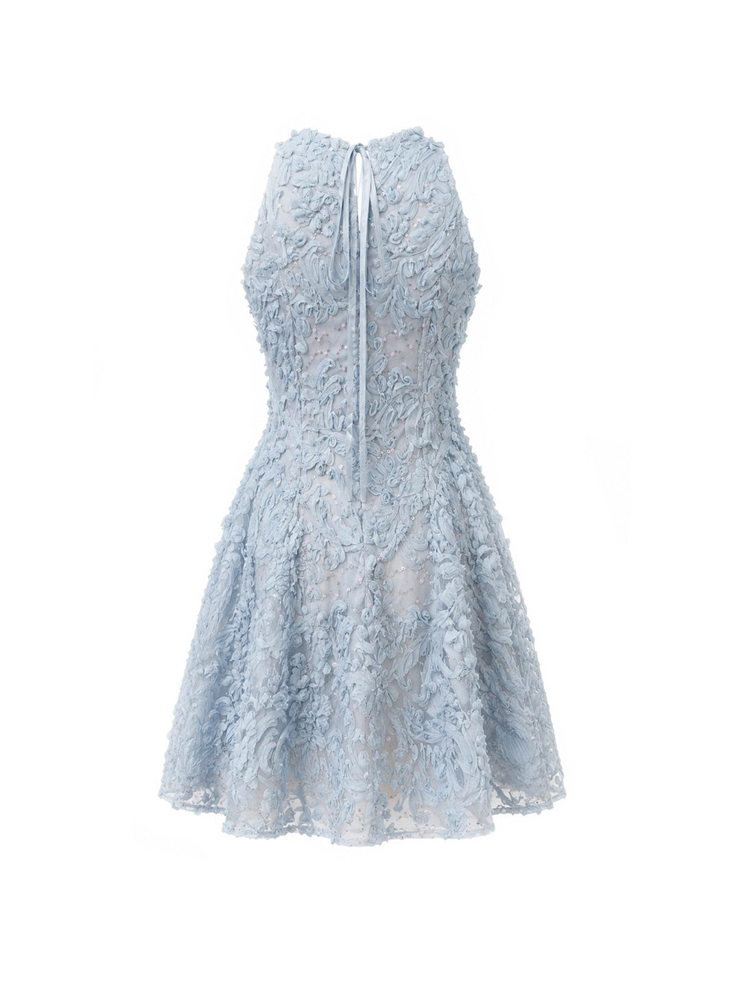 Crystal Trim 3D Floral Lace Halter Mini Dress