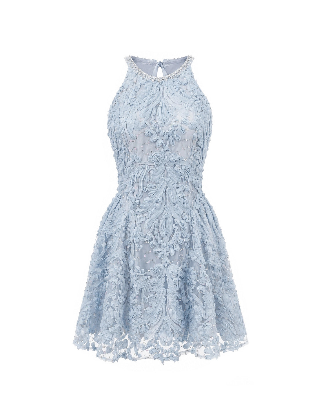Crystal Trim 3D Floral Lace Halter Mini Dress