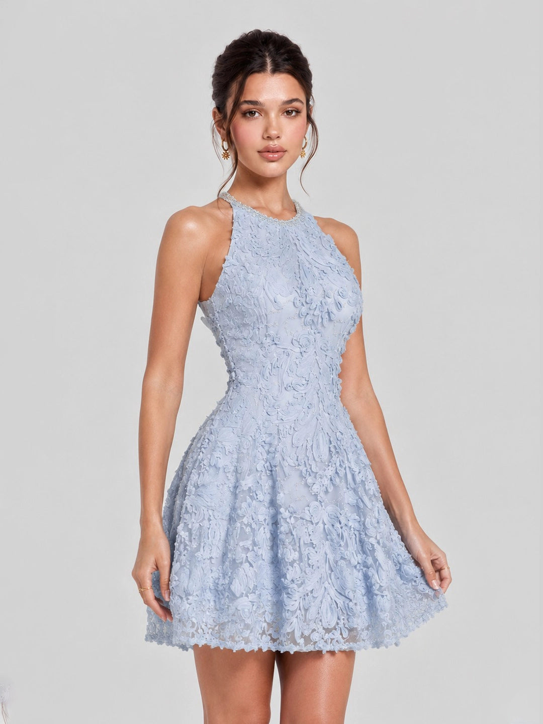 Crystal Trim 3D Floral Lace Halter Mini Dress