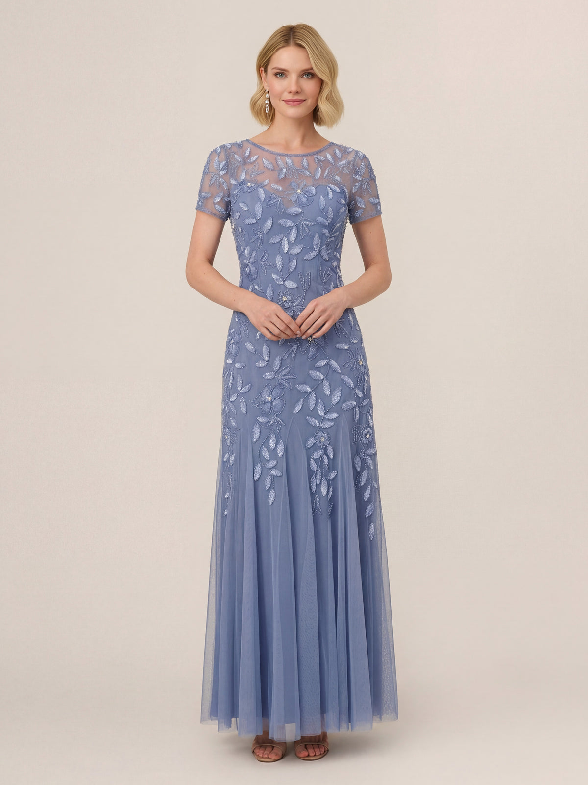 Sophisticated Hand-Beaded Floral Godet Gown