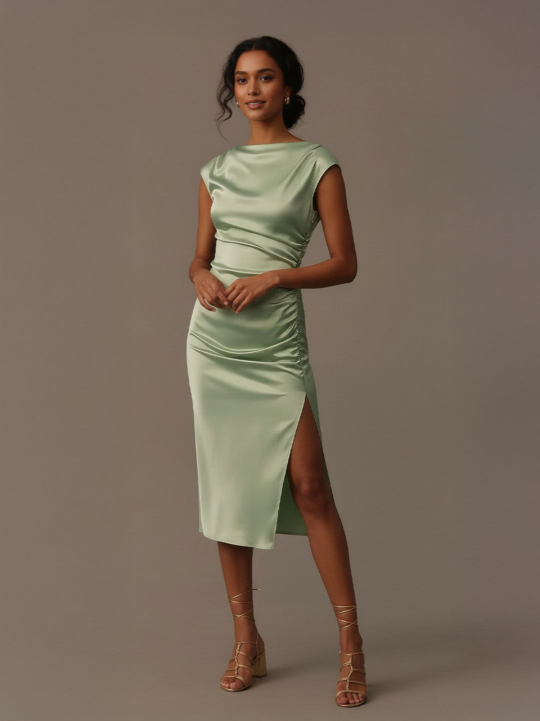 Delicate Bateau-Neck Stretch Satin Midi Dress