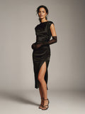 Delicate Bateau-Neck Stretch Satin Midi Dress