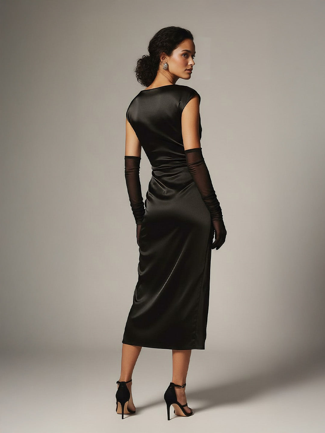 Delicate Bateau-Neck Stretch Satin Midi Dress