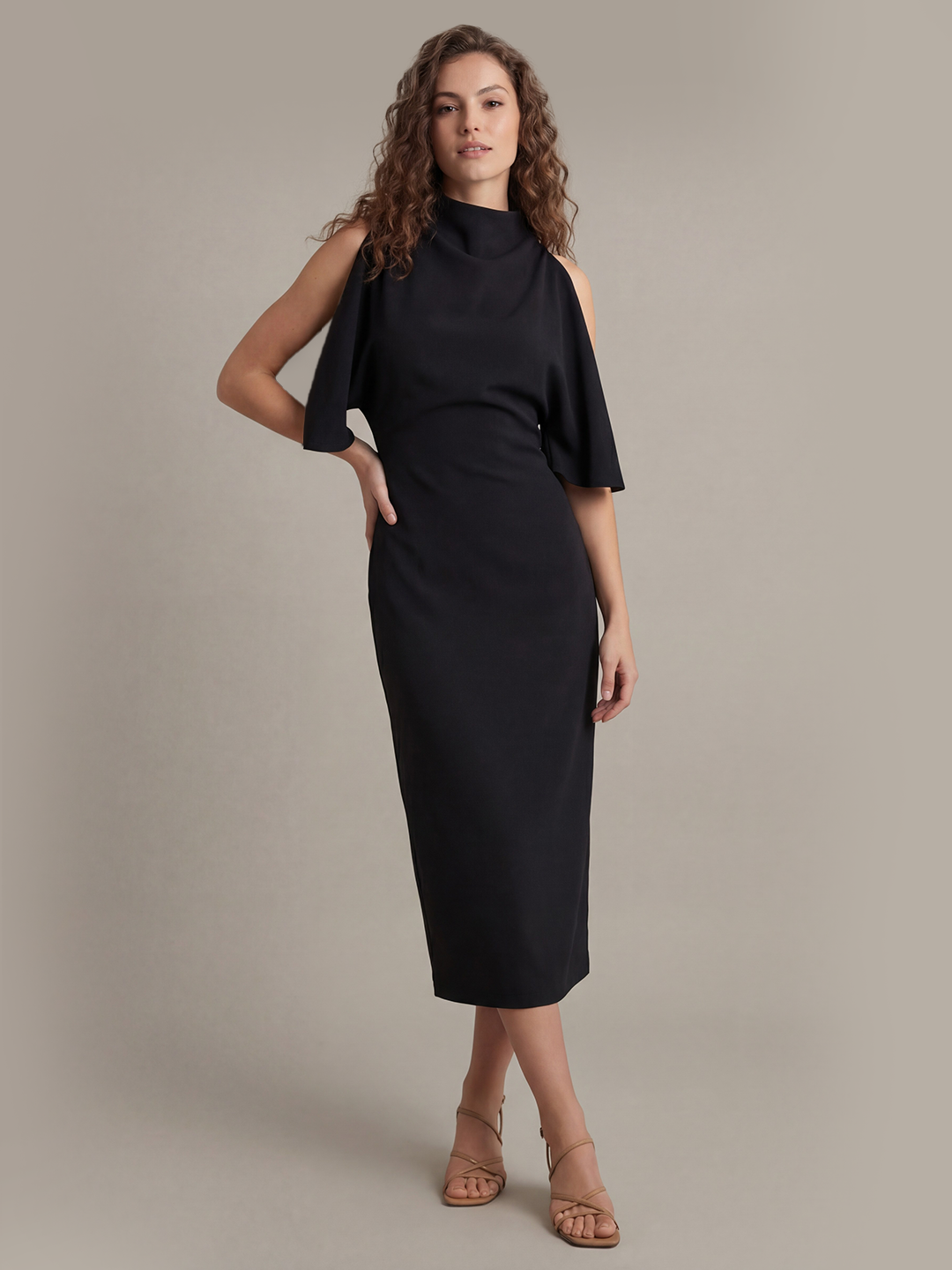 Draped-Front High-Neck Midi Dress