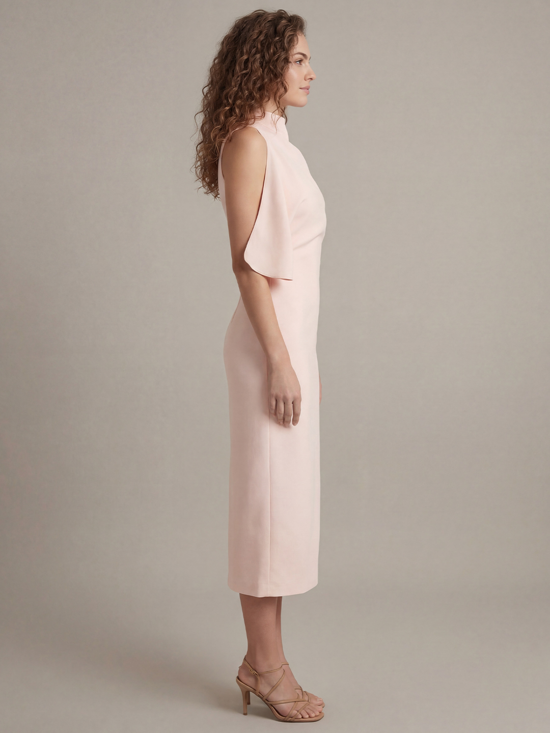 Draped-Front High-Neck Midi Dress