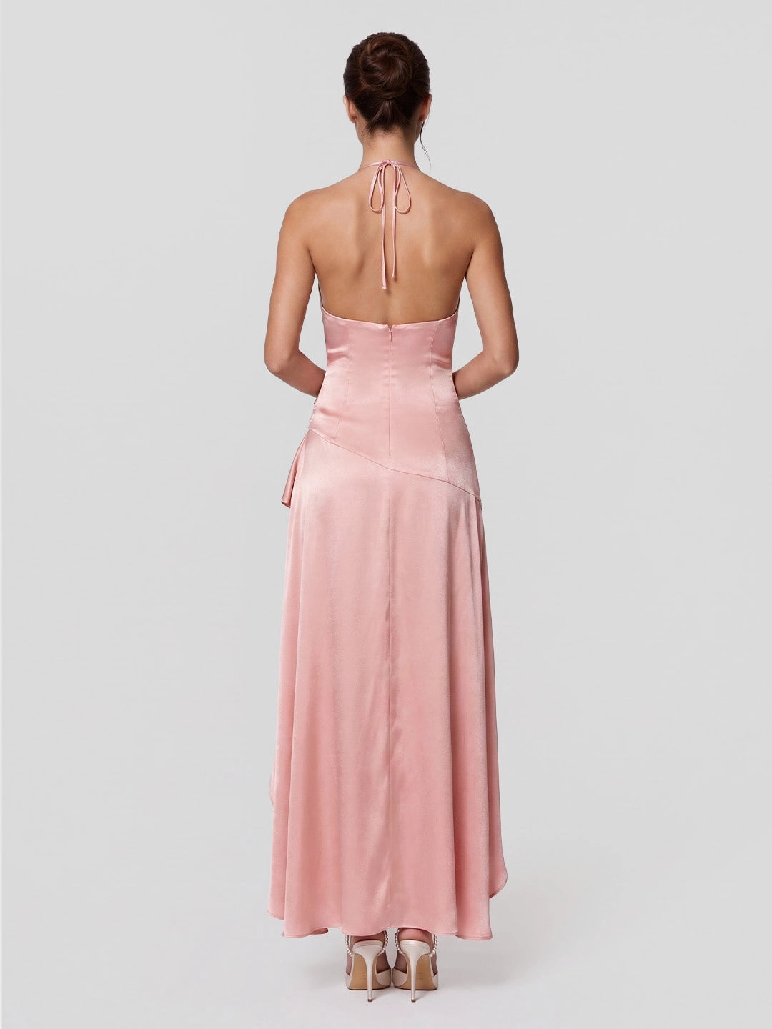 Draped Satin Halterneck Gown with Asymmetric Hem