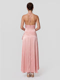 Draped Satin Halterneck Gown with Asymmetric Hem
