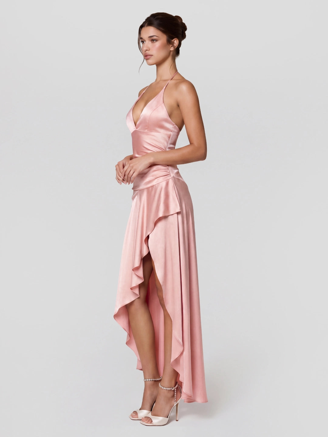 Draped Satin Halterneck Gown with Asymmetric Hem