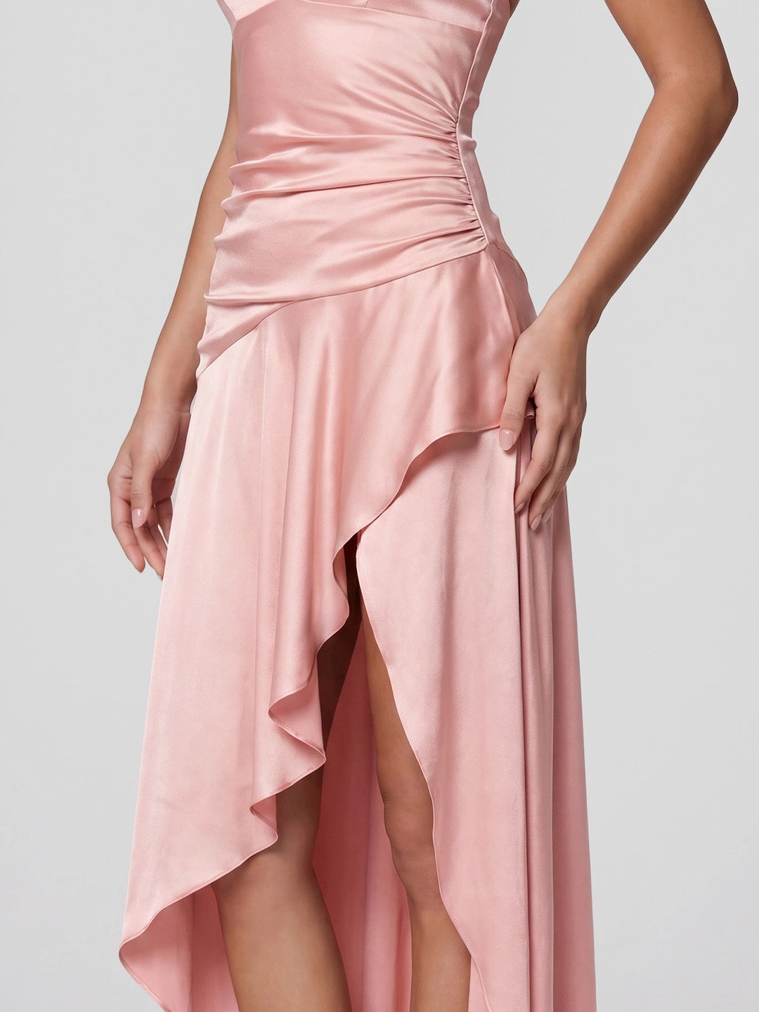 Draped Satin Halterneck Gown with Asymmetric Hem
