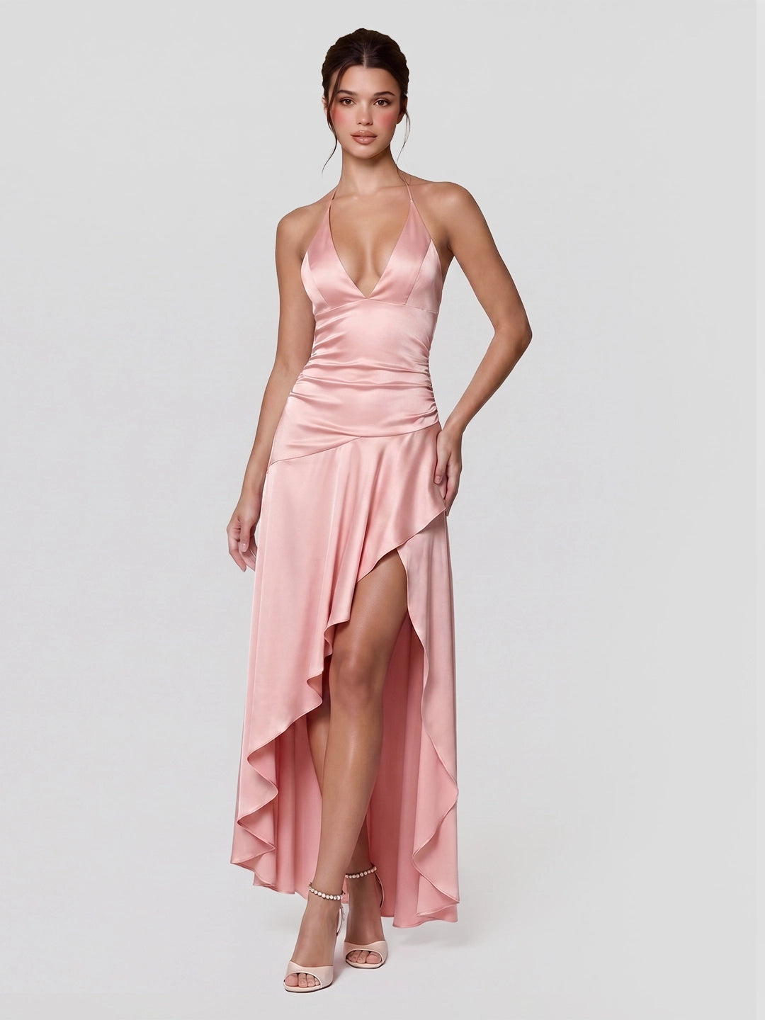 Draped Satin Halterneck Gown with Asymmetric Hem